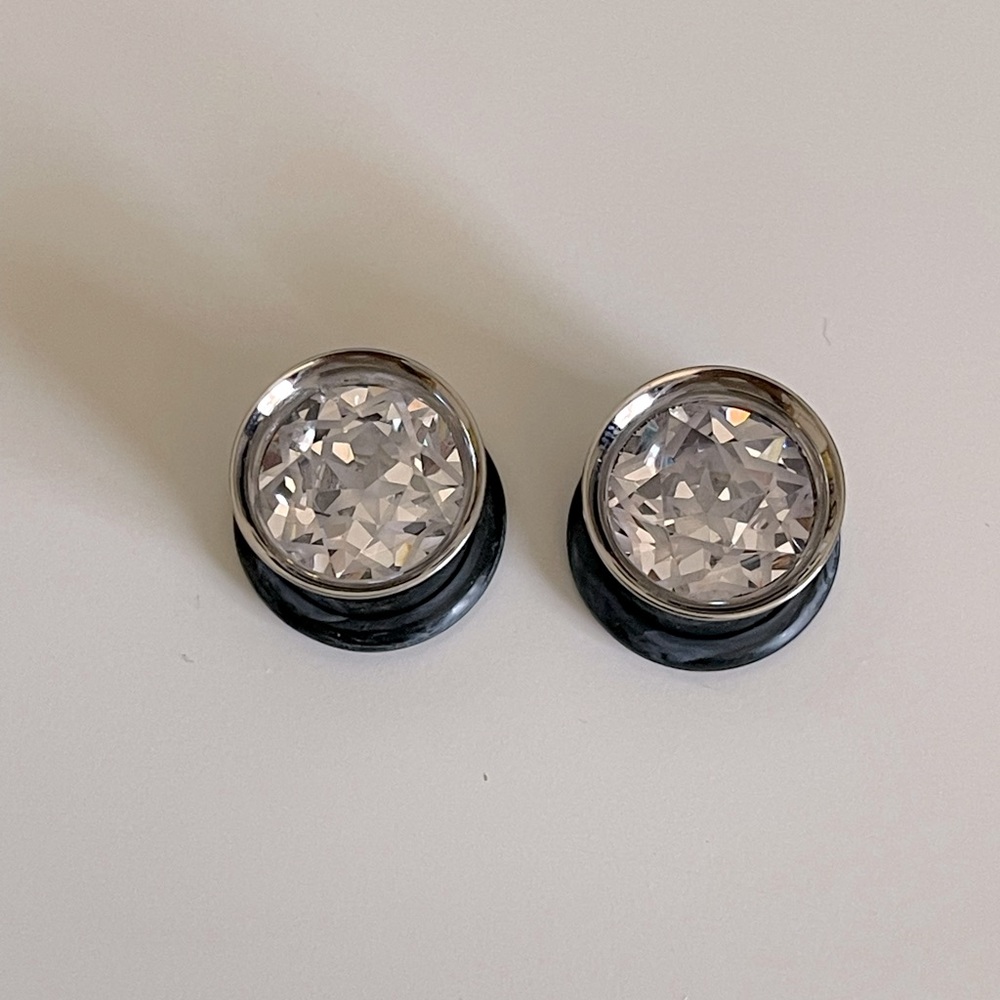 Surgical steel clear crystal tunnels single flare body jewelry earrings